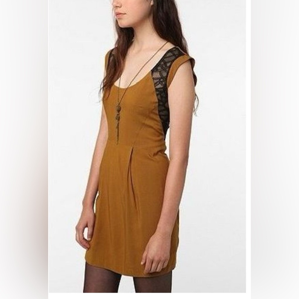 Silence & Noise Mustard Dress with Black Lace and zipper Detail
